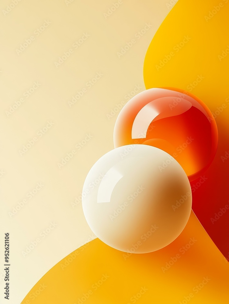 Poster A minimalist abstract image of two spheres, one orange and one white, on a yellow background. The image represents simplicity, contrast, and geometric beauty.