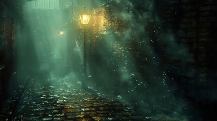 Obraz premium A dark alleyway with a street lamp in the middle