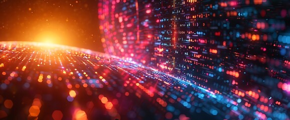 Fototapeta premium Abstract digital background with glowing lights and particles in red, blue, and orange colors.