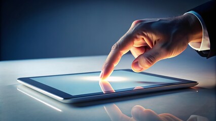 Vividly lit, isolated, and angled shot of a single finger tapping on a sleek, modern tablet's touchscreen, surrounded by subtle shadows and gentle gradients.