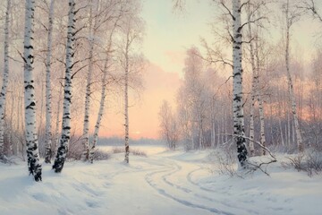 Fototapeta premium Snow-Covered Birch Forest at Sunset
