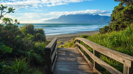 Obraz premium Wooden Walkway by Beach at Tauparikaka