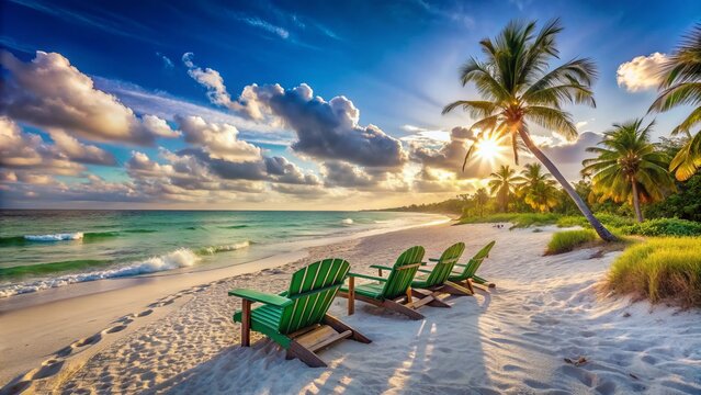 Warm sunlight illuminates pristine white sand and emerald waters along a tranquil coastline, punctuated by rustic beach chairs and nature's splendor in a serene setting.