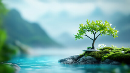 Fototapeta premium Tranquil Tree on a Serene Lake with Green Mossy Rocks