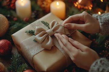 A pair of hands holding a wrapped gift with a gold ribbon, surrounded by pine cones and lit candles, creating a festive and cozy holiday atmosphere