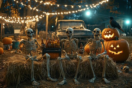 Three skeletons sitting on hay bales, enjoying drinks night party with a pumpkin and a crow under Halloween lights.