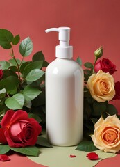 Isolated white bottle with liquid soap and colorful flowers on dark orange background