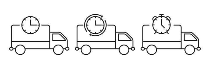 Three icons featuring delivery trucks with time elements like clocks and stopwatches, ideal for time-sensitive delivery options