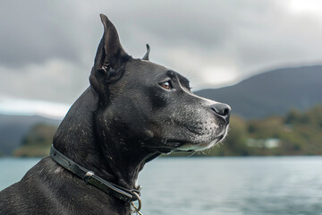 a black dog is sitting by the water