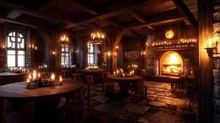 Warm medieval tavern featuring candle-lit tables and a roaring fireplace Cozy with rich wood tones and soft flickering light detailed 3D rendering
