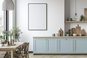 Fototapeta premium Poster Mockup in Kitchen Interior with White Wall created with Generative AI