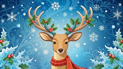 Fototapeta premium Whimsical illustration of a reindeer wearing a festive holly-patterned scarf, set against a bright blue background with stylized snowflakes and swirling winter elements.