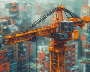 Naklejka premium A detailed view of a towering orange construction crane in an urban landscape, showcasing modern engineering and city development.
