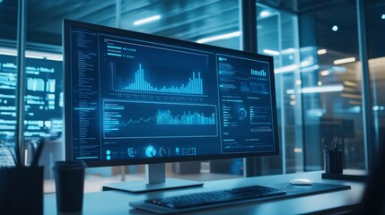 Animated business graph on a computer screen showing real-time data changes and trends, set in a professional workspace with modern technology.