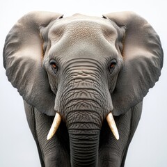 Fototapeta premium A majestic elephant portrait showcasing its tusks and expressive eyes against a neutral background.