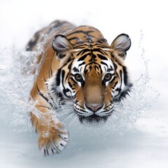 Naklejka premium A majestic tiger splashing through water, showcasing its strength and beauty in a dynamic and captivating pose.