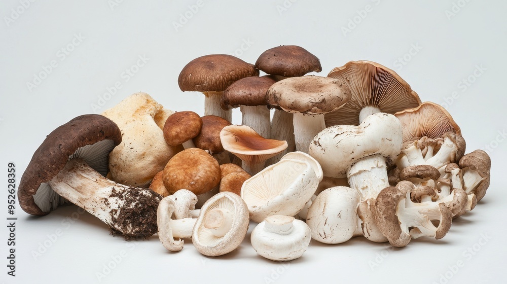 Poster artistic arrangement of mushrooms, including a mix of types like cremini and portobello, set against