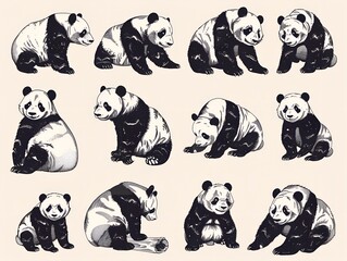 Obraz premium Set of various panda illustration on white. AI generated