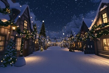 Snowy Christmas Village Street at Night with Starry Sky