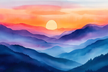 Fototapeta premium A painting of a mountain range with a sun in the sky