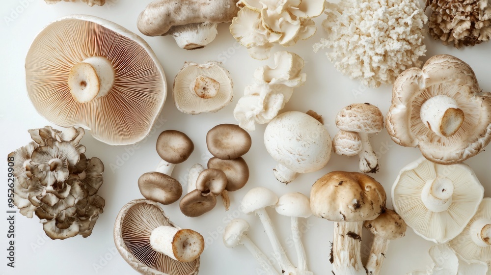 Poster artistic arrangement of mushrooms, including a mix of types like cremini and portobello, set against