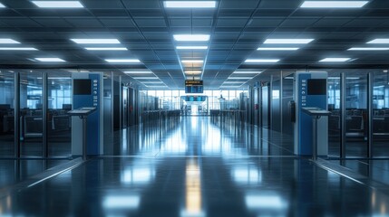 Fototapeta premium An airport security checkpoint with equipment and no passengers. Focus on bright lighting, clean environment, and modern technology.