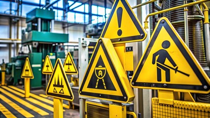 Yellow and black warning signs with Caution and Danger symbols posted on industrial equipment and machinery, emphasizing importance of workplace safety and hazard awareness.