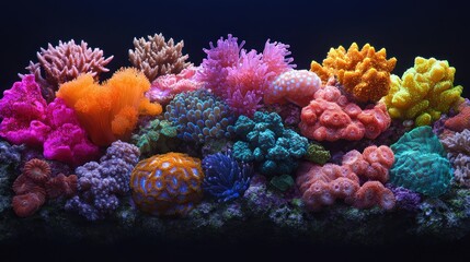 Fototapeta premium Mixed collection of fluorescent corals isolated on black background. Bright and varied colors.