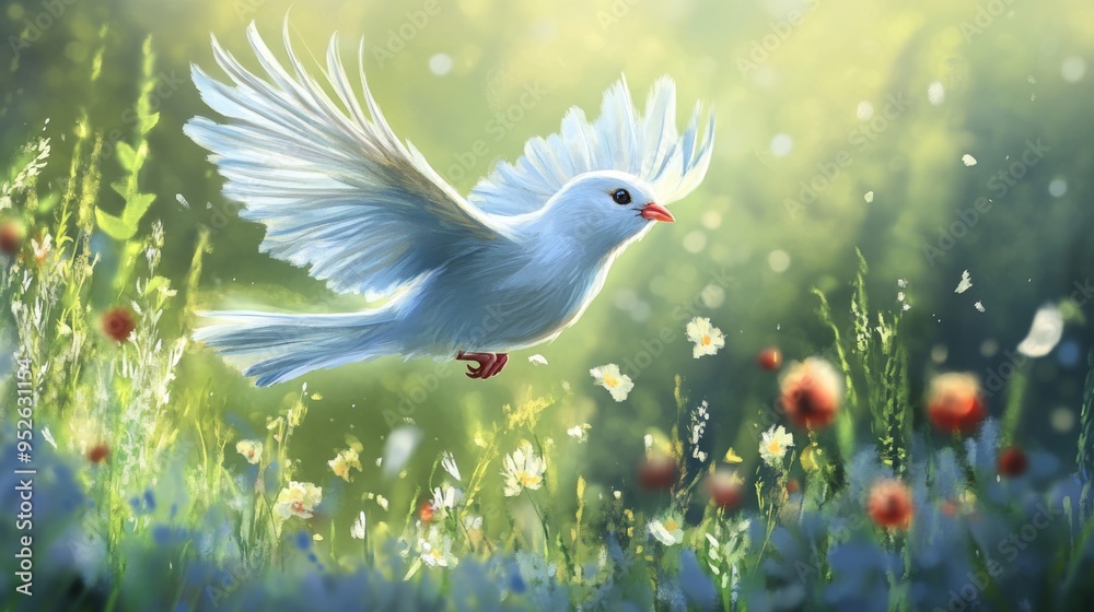 Poster bird flying close to the ground with a backdrop of lush grass or flowers, highlighting its graceful 