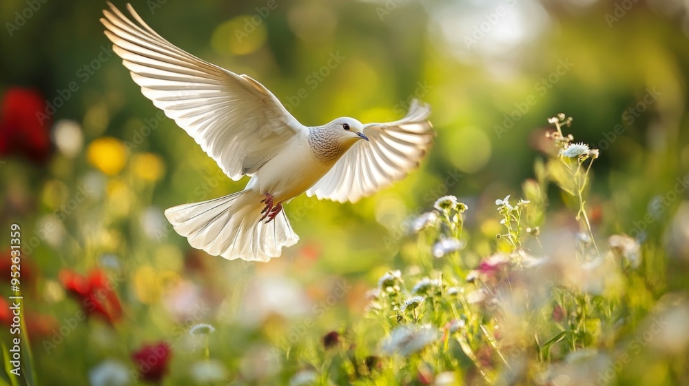 Poster bird flying close to the ground with a backdrop of lush grass or flowers, highlighting its graceful 