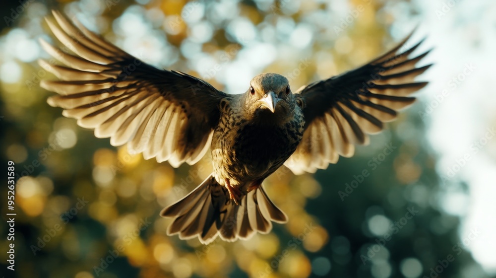 Poster Bird in mid-flight with a close-up view of its head and wings, set against a blurred background of trees or open sky for a dynamic shot.