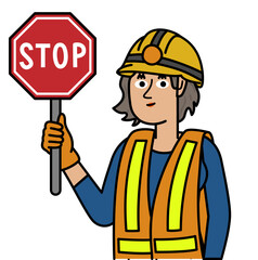 Happy woman wearing helmet and holding a stop sign.eps