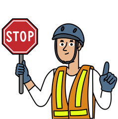 Man wearing a helmet and holding a stop sign gesturing with her finger.eps