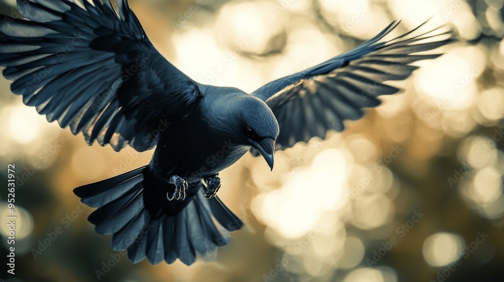 Poster Bird in mid-flight with a close-up view of its head and wings, set against a blurred background of trees or open sky for a dynamic shot.