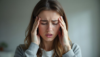 Young Woman Holding Head in Pain Due to Severe Headache at Home
