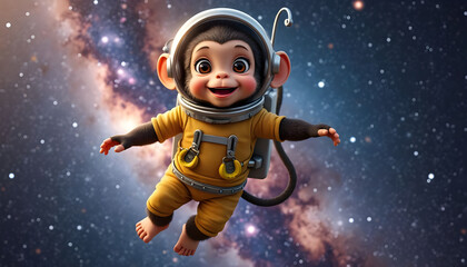 Fototapeta premium Adorable Baby Monkey Astronaut Floating Joyfully in Outer Space