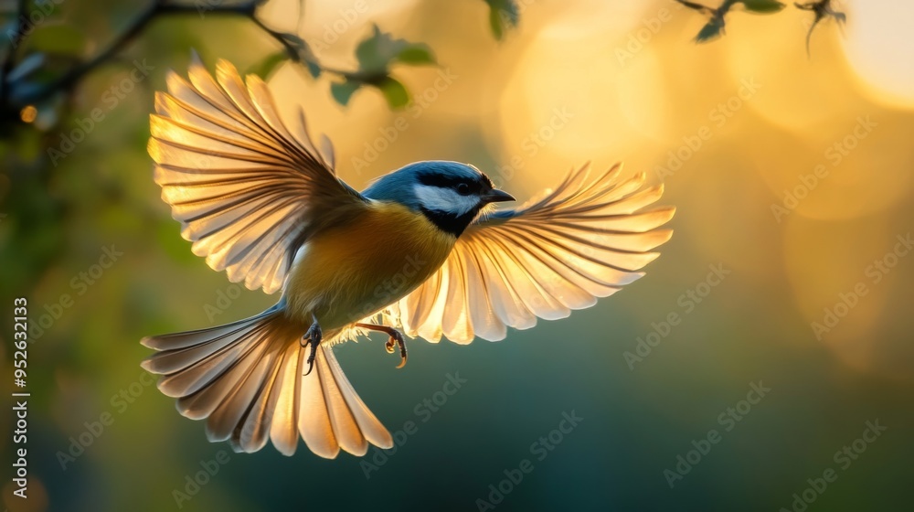 Poster Bird taking off from a perch with its wings fully extended, captured in sharp focus to show the intricate details of its feathers and movement.