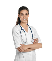Fototapeta premium Portrait of beautiful nurse with crossed arms on white background