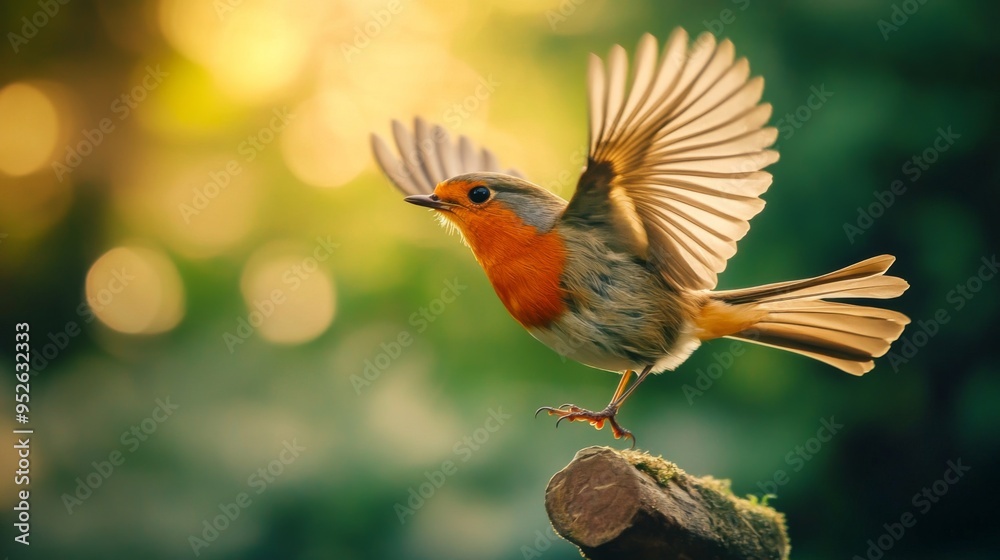 Poster Bird taking off from a perch with its wings fully extended, captured in sharp focus to show the intricate details of its feathers and movement.
