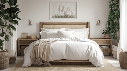 A Minimalist Bedroom with a Wooden Bed and Natural Elements