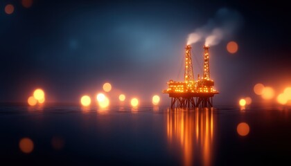 Obraz premium A dramatic view of an offshore oil rig illuminated at night, surrounded by a serene ocean, highlighting industrial beauty and energy.