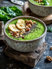 Delicious green smoothie bowl topped with banana, nuts, and chia seeds, perfect for a healthy breakfast or snack.