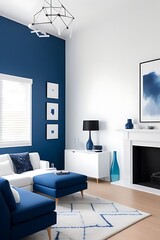 Modern living room with cobalt blue wall, sunlight shadow.
