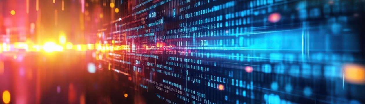 Vibrant digital background with glowing lines and binary code, representing technology and innovation in a modern world.