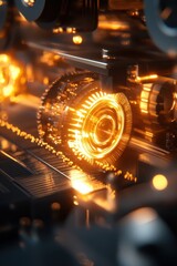 Fototapeta premium Close-up of a glowing gear in a high-tech machine, showcasing intricate design and advanced technology.