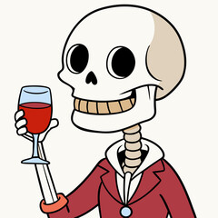 Vector Art Skeleton Drinking Wine on White Background