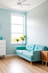 Modern living room with light aqua walls, featuring a matching sofa, light wood flooring, and a minimalist aesthetic, creating a fresh and airy ambiance.