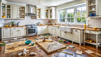 A cluttered kitchen with torn flooring, broken cabinets, and a leaky faucet, highlighting the high expenses of home renovation and repair costs.