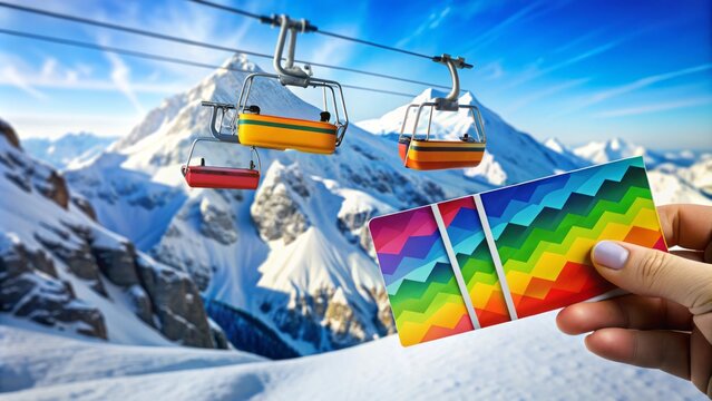 A colorful ski lift ticket is displayed against a snowy mountain background, symbolizing winter adventure and outdoor recreation.