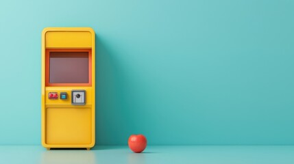 A colorful yellow vending machine stands against a turquoise wall, with a red apple sitting on the floor beside it.